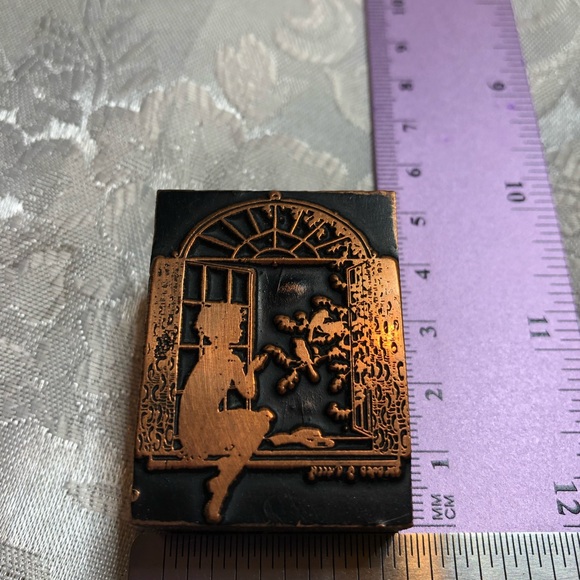 Antique Wooden Print Block Copper Child Window Bird - Picture 6 of 6